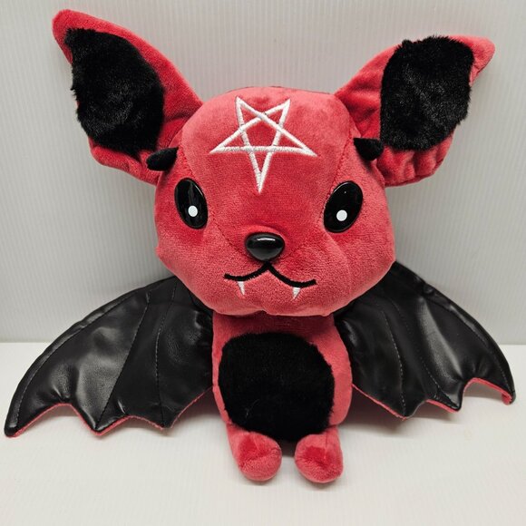 Red Goth Bat Plush Toy With Star Embroidery and Black Leatherette Wings - Picture 2 of 5